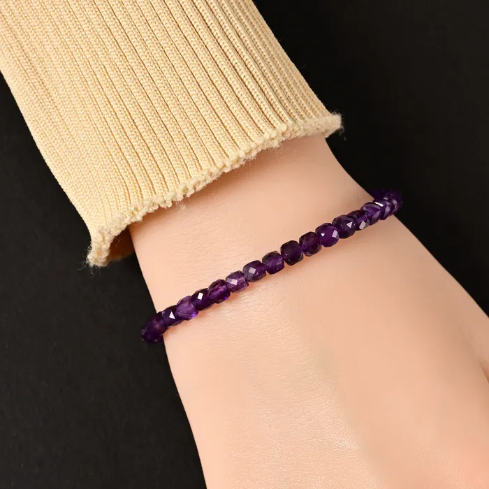 Bracelets KALIFANO Natural Amethyst Faceted 4mm Barrel Bracelet with Sterling Silver Extender
