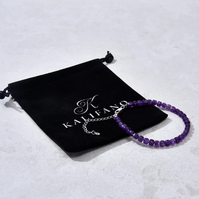 Bracelets KALIFANO Natural Amethyst Faceted 4mm Barrel Bracelet with Sterling Silver Extender