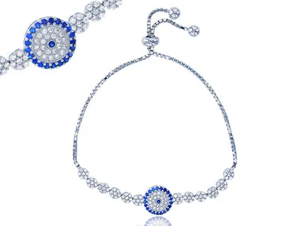 Bracelets Silver Sterling Silver Rhodium Sapphire Blue Clear Cubic Zirconia Evil Eye Adjustable Bracelet Bracelets Silver Sterling Silver Rhodium Sapphire Blue Clear Cubic Zirconia Evil Eye Adjustable Bracelet