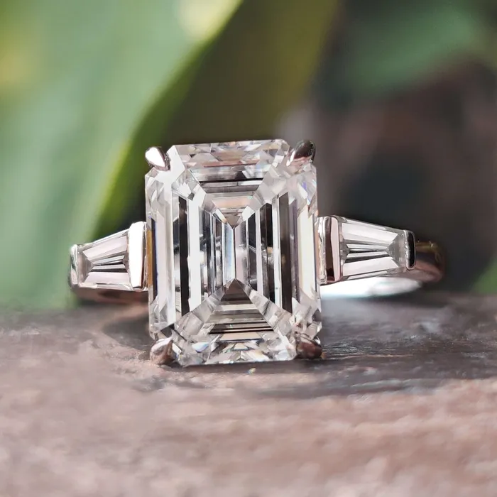 Cathedral Setting Three Stones Engagement Ring 389 TCW Emerald and Tapered Baguette Cut Three Stone Moissanite Engagement Ring Diamondrensu Rings Cathedral Setting Three Stones Engagement Ring 389 TCW Emerald and Tapered Baguette Cut Three Stone Moissanite Engagement Ring Diamondrensu Rings