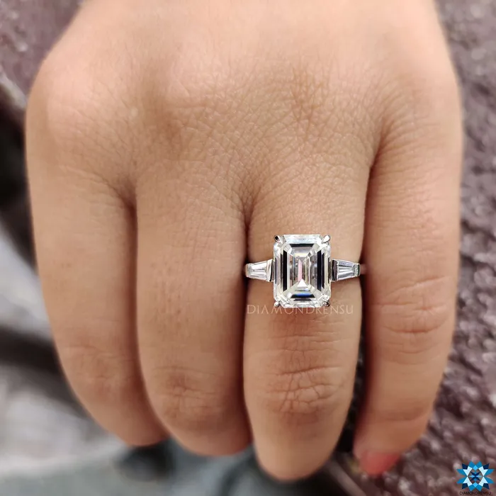 Cathedral Setting Three Stones Engagement Ring 389 TCW Emerald and Tapered Baguette Cut Three Stone Moissanite Engagement Ring Diamondrensu Rings