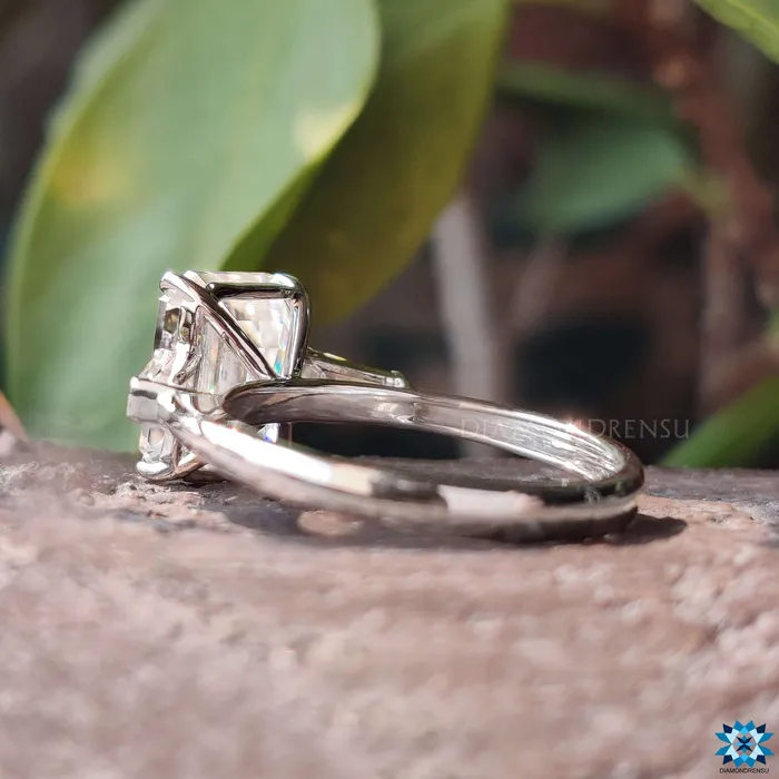 Cathedral Setting Three Stones Engagement Ring 389 TCW Emerald and Tapered Baguette Cut Three Stone Moissanite Engagement Ring Diamondrensu Rings