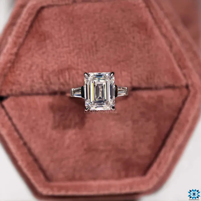 Cathedral Setting Three Stones Engagement Ring 389 TCW Emerald and Tapered Baguette Cut Three Stone Moissanite Engagement Ring Diamondrensu Rings