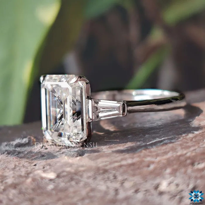 Cathedral Setting Three Stones Engagement Ring 389 TCW Emerald and Tapered Baguette Cut Three Stone Moissanite Engagement Ring Diamondrensu Rings