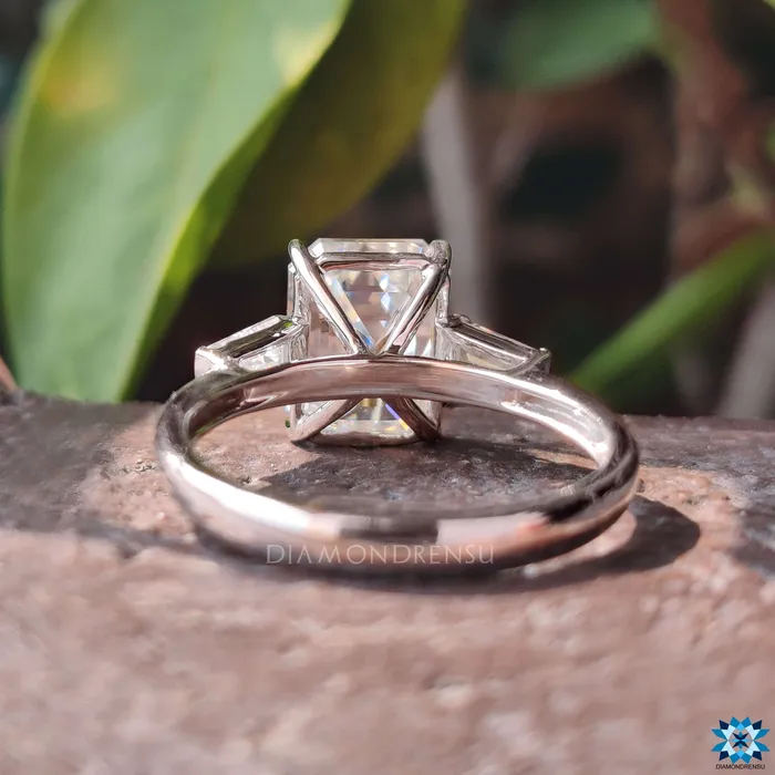 Cathedral Setting Three Stones Engagement Ring 389 TCW Emerald and Tapered Baguette Cut Three Stone Moissanite Engagement Ring Diamondrensu Rings