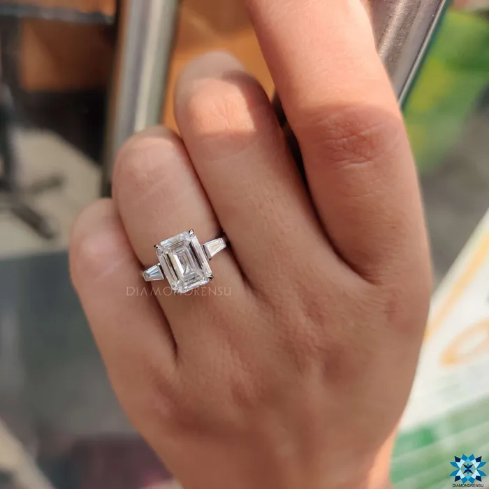 Cathedral Setting Three Stones Engagement Ring 389 TCW Emerald and Tapered Baguette Cut Three Stone Moissanite Engagement Ring Diamondrensu Rings