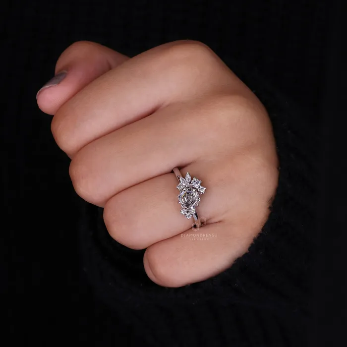 Cluster Engagement Ring with Hexagon Cut Diamond Diamondrensu Rings