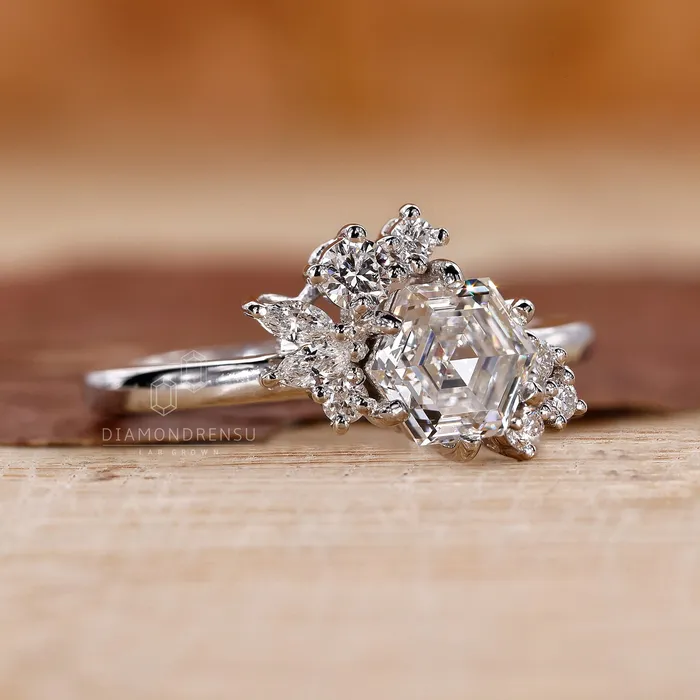 Cluster Engagement Ring with Hexagon Cut Diamond Diamondrensu Rings