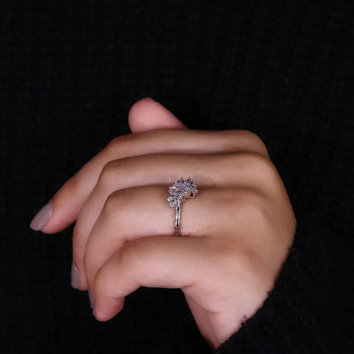 Cluster Engagement Ring with Hexagon Cut Diamond Diamondrensu Rings