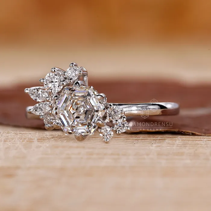 Cluster Engagement Ring with Hexagon Cut Diamond Diamondrensu Rings
