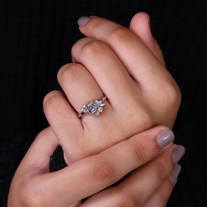 Cluster Engagement Ring with Hexagon Cut Diamond Diamondrensu Rings