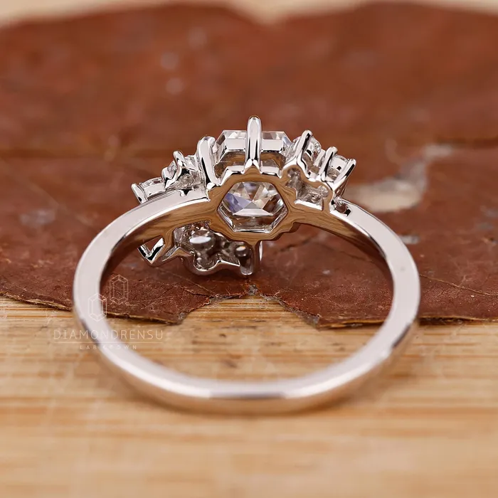 Cluster Engagement Ring with Hexagon Cut Diamond Diamondrensu Rings