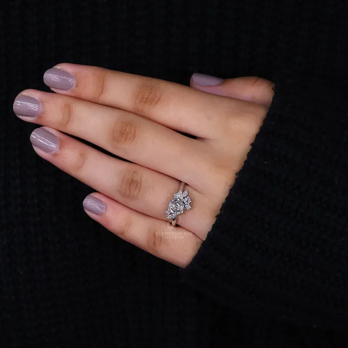 Cluster Engagement Ring with Hexagon Cut Diamond Diamondrensu Rings
