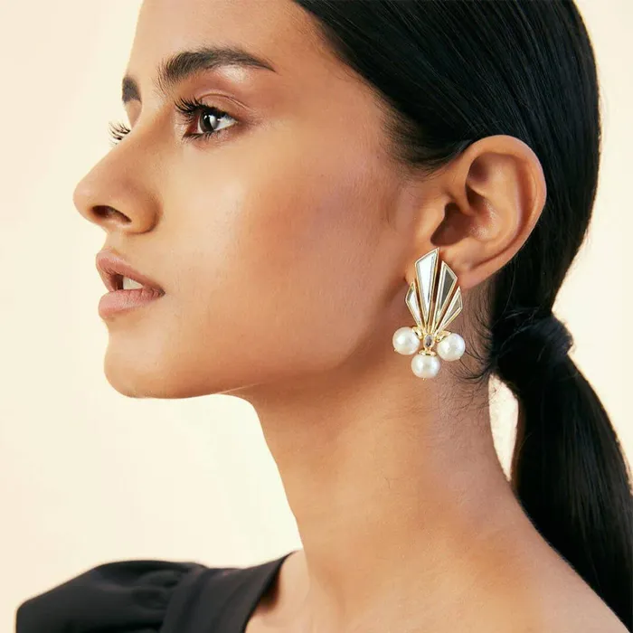Demi Goddess Mirror and Triple Pearl Earrings Isharya Modern Indian Jewelry Earrings Demi Goddess Mirror and Triple Pearl Earrings Isharya Modern Indian Jewelry Earrings