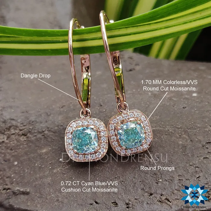 Diamondrensu Earrings Dangle Drop Earrings 144 TCW Cushion Cyan Blue Moissanite Halo Earrings Diamondrensu Earrings Dangle Drop Earrings 144 TCW Cushion Cyan Blue Moissanite Halo Earrings
