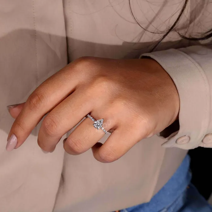 Diamondrensu Rings Hidden Halo Engagement Ring Pear Cut Lab Grown Diamond Ring