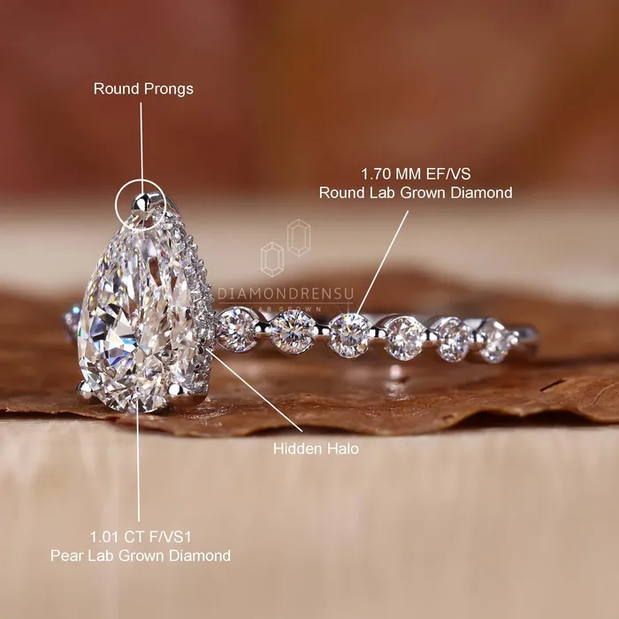 Diamondrensu Rings Hidden Halo Engagement Ring Pear Cut Lab Grown Diamond Ring