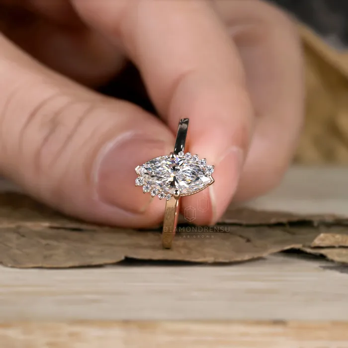 Diamondrensu Rings Vintage Inspired Halo Engagement Ring 103 CT Marquise Cut EVS Lab Diamond Ring Milgrain Setting Ring