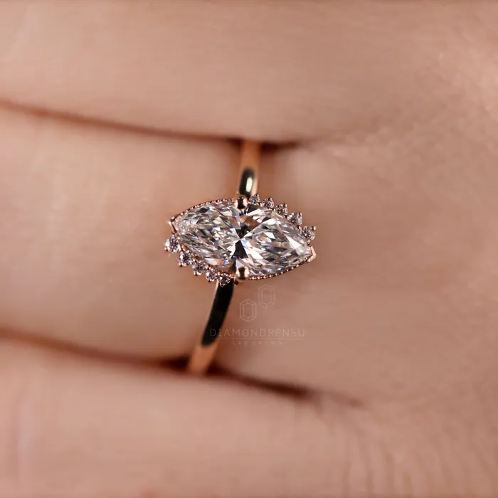 Diamondrensu Rings Vintage Inspired Halo Engagement Ring 103 CT Marquise Cut EVS Lab Diamond Ring Milgrain Setting Ring