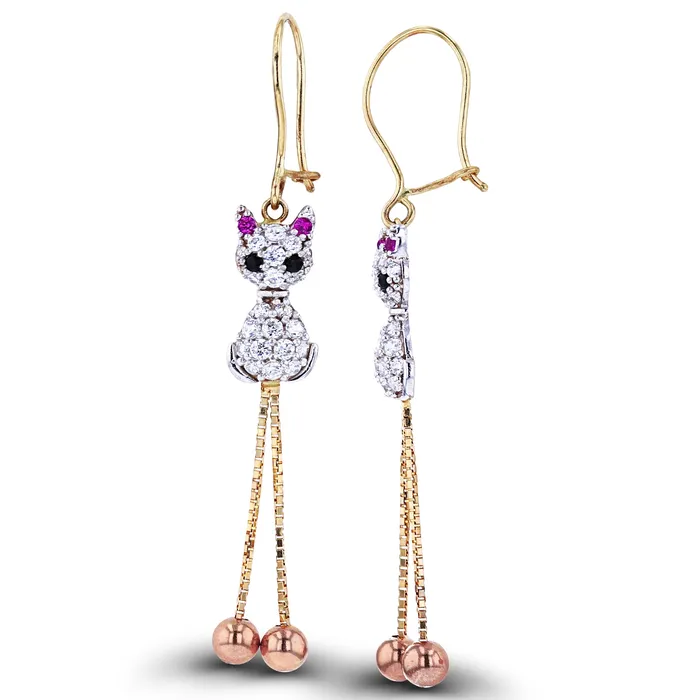 Earrings 14K Tricolor Gold Dangling Cat Earring with Cubic Zirconia DecadenceJewelry Earrings 14K Tricolor Gold Dangling Cat Earring with Cubic Zirconia DecadenceJewelry