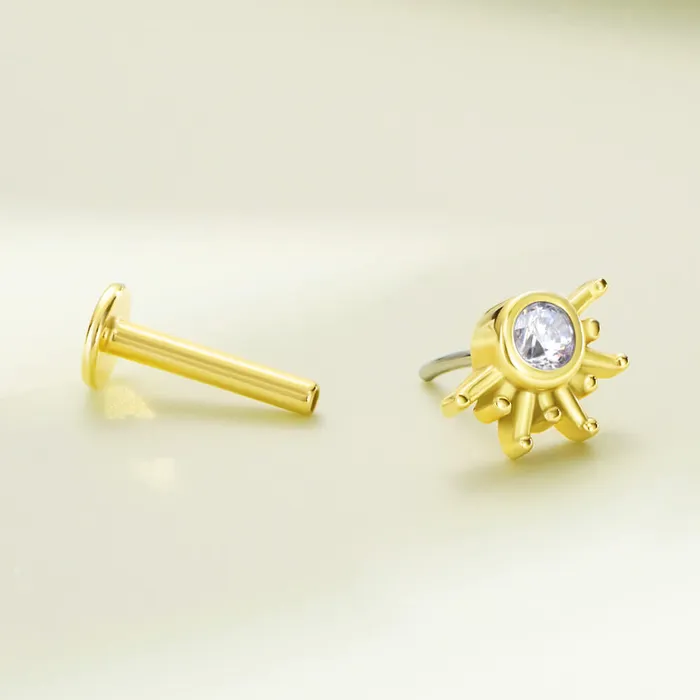 Earrings OUFER BODY JEWELRY 14K Solid Gold Radient Shiny Sun Push Pin Cartilage Earring