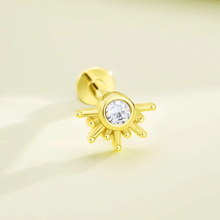 Earrings OUFER BODY JEWELRY 14K Solid Gold Radient Shiny Sun Push Pin Cartilage Earring