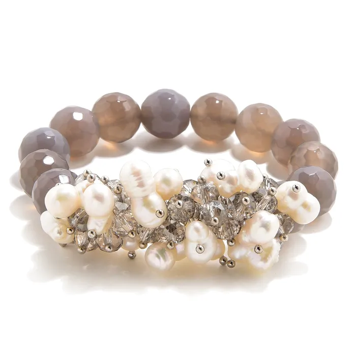 Faceted Grey Agate Freshwater Pearls 12mm Gemstone Bead Elastic Bracelet Kalifano Bracelets Faceted Grey Agate Freshwater Pearls 12mm Gemstone Bead Elastic Bracelet Kalifano Bracelets