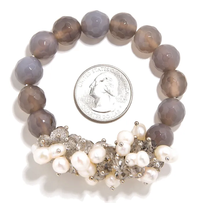 Faceted Grey Agate Freshwater Pearls 12mm Gemstone Bead Elastic Bracelet Kalifano Bracelets