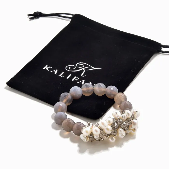 Faceted Grey Agate Freshwater Pearls 12mm Gemstone Bead Elastic Bracelet Kalifano Bracelets