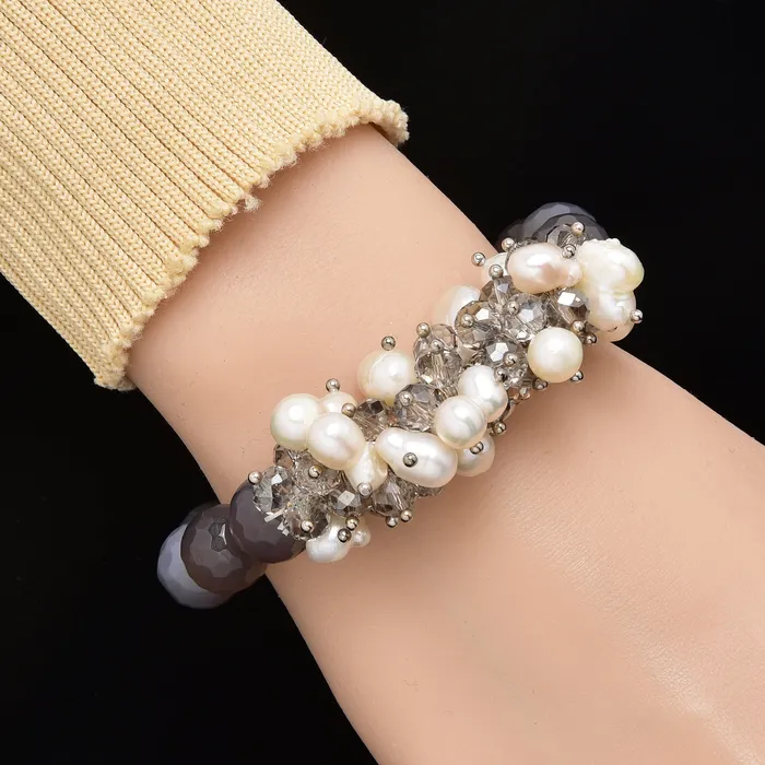 Faceted Grey Agate Freshwater Pearls 12mm Gemstone Bead Elastic Bracelet Kalifano Bracelets