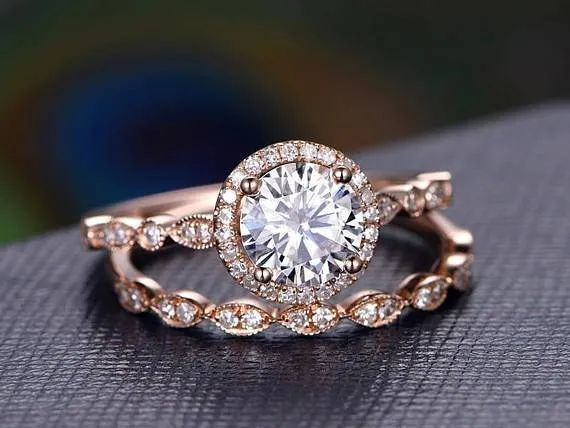 Flawless Moissanite Vintage Style Halo Ring Set Round Cut Rings