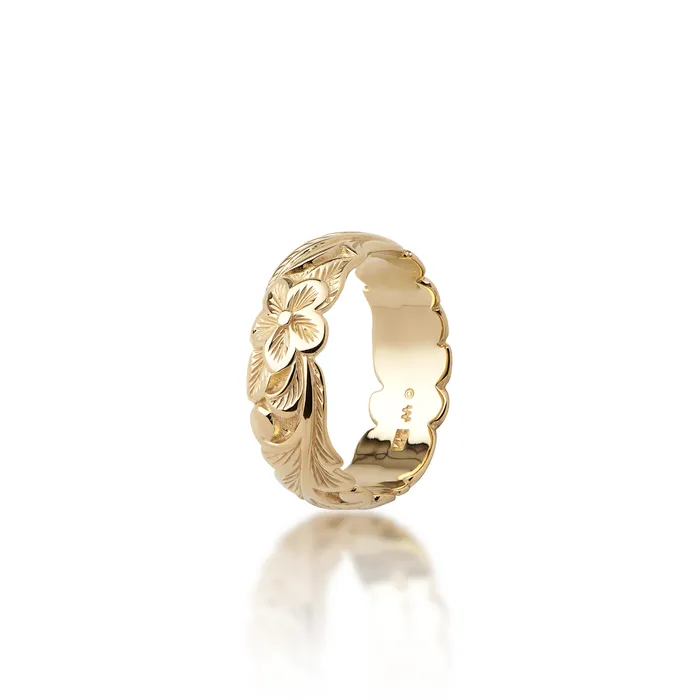 Hawaiian Heirloom Plumeria Ring in Gold 8mm Maui Divers Jewelry Rings