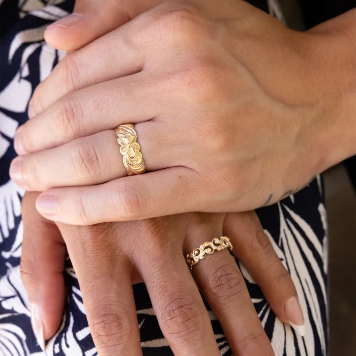 Hawaiian Heirloom Plumeria Ring in Gold 8mm Maui Divers Jewelry Rings