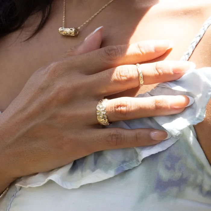 Hawaiian Heirloom Plumeria Ring in Gold 8mm Maui Divers Jewelry Rings