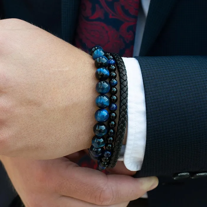 Invicta Jewelry Bracelets Invicta Polished Blue Tiger Eye and Black Matte Onyx 10mm Natural Stone Stretch Bracelet