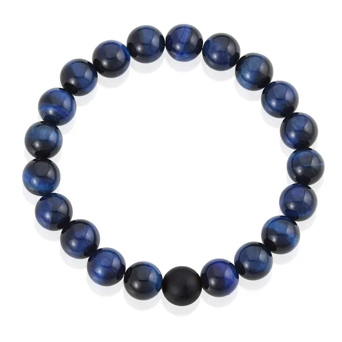 Invicta Jewelry Bracelets Invicta Polished Blue Tiger Eye and Black Matte Onyx 10mm Natural Stone Stretch Bracelet