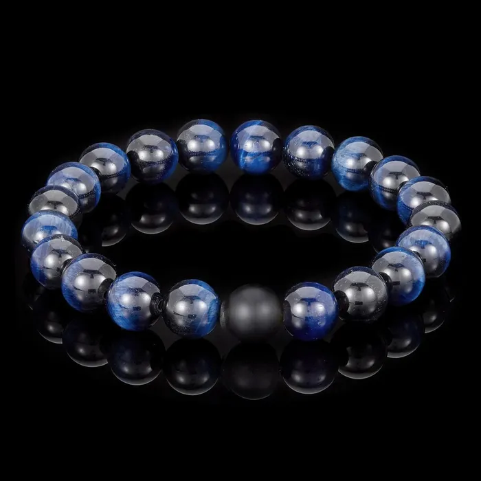 Invicta Jewelry Bracelets Invicta Polished Blue Tiger Eye and Black Matte Onyx 10mm Natural Stone Stretch Bracelet