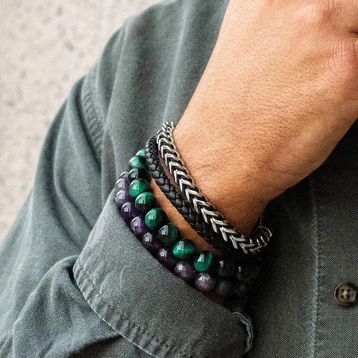 Invicta Polished Green Tiger Eye and Black Matte Onyx 10mm Natural Stone Stretch Bracelet Invicta Jewelry Bracelets