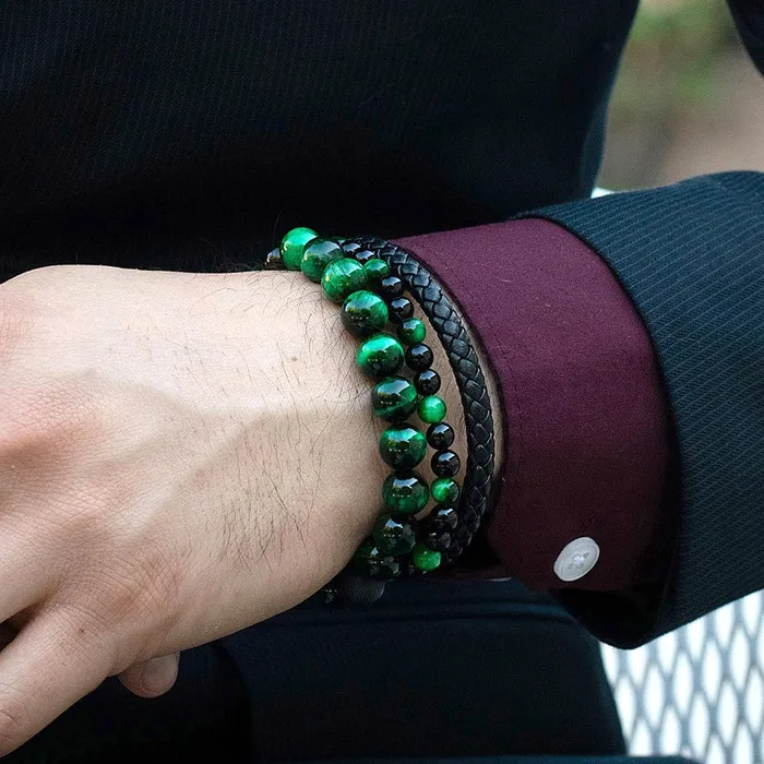 Invicta Polished Green Tiger Eye and Black Matte Onyx 10mm Natural Stone Stretch Bracelet Invicta Jewelry Bracelets