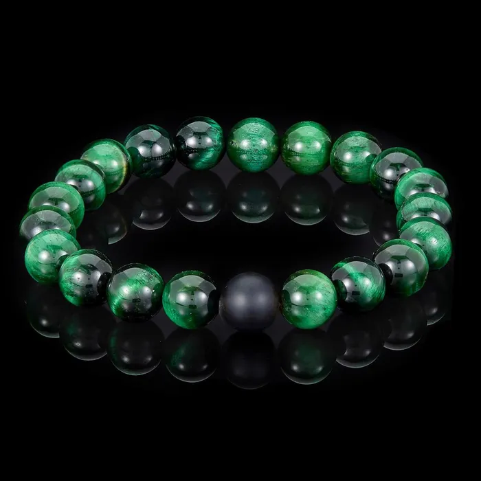 Invicta Polished Green Tiger Eye and Black Matte Onyx 10mm Natural Stone Stretch Bracelet Invicta Jewelry Bracelets