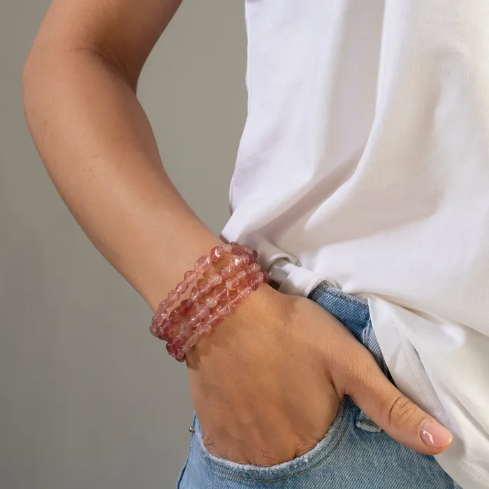 KALIFANO Bracelets 8mm Strawberry Quartz 30 Necklace Multi wrap Bracelet