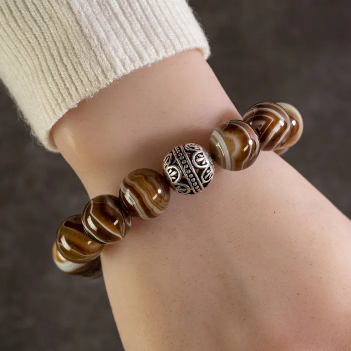 Kalifano Bracelets Espresso Agate 14mm Natural Gemstone Bead Elastic Bracelet with Accent Bead Kalifano Bracelets Espresso Agate 14mm Natural Gemstone Bead Elastic Bracelet with Accent Bead