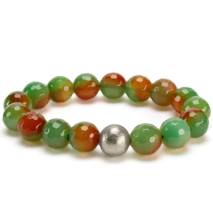 Kalifano Bracelets Faceted Agate 12mm Gemstone Bead Elastic Bracelet with Matte Silver Accent Bead Kalifano Bracelets Faceted Agate 12mm Gemstone Bead Elastic Bracelet with Matte Silver Accent Bead