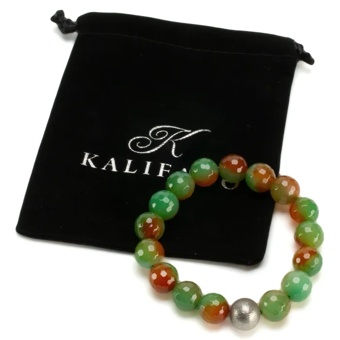 Kalifano Bracelets Faceted Agate 12mm Gemstone Bead Elastic Bracelet with Matte Silver Accent Bead