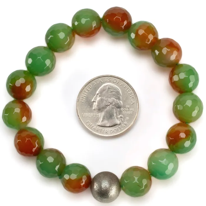 Kalifano Bracelets Faceted Agate 12mm Gemstone Bead Elastic Bracelet with Matte Silver Accent Bead