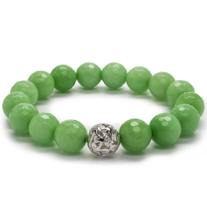 Kalifano Bracelets Faceted Green Color Enhanced Jade with Silver Accent Bead Gemstone Elastic Bracelet