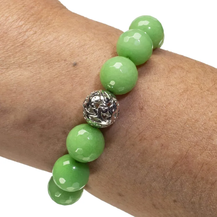 Kalifano Bracelets Faceted Green Color Enhanced Jade with Silver Accent Bead Gemstone Elastic Bracelet