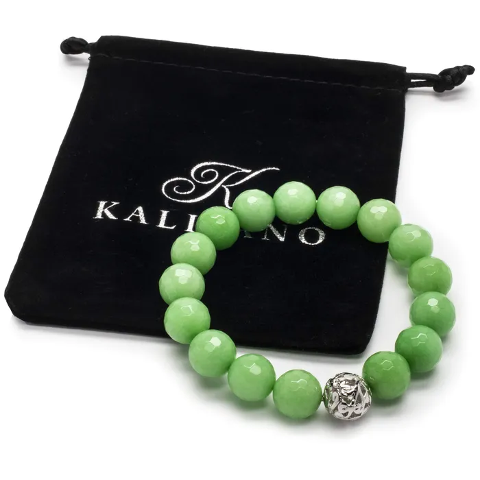 Kalifano Bracelets Faceted Green Color Enhanced Jade with Silver Accent Bead Gemstone Elastic Bracelet