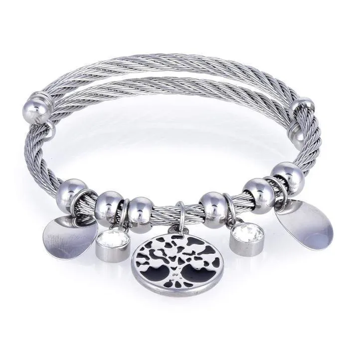 Kalifano Bracelets Steel Hearts Nature Gemstone Open Bangle Bracelet