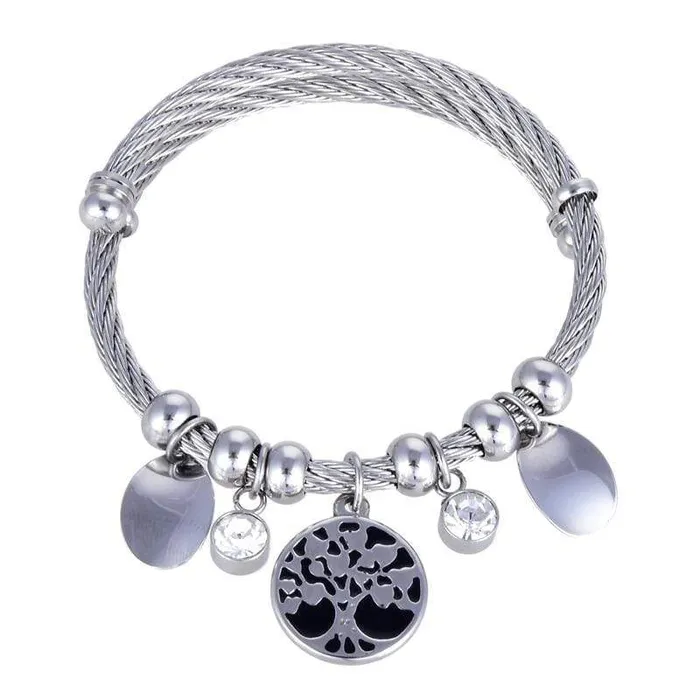 Kalifano Bracelets Steel Hearts Nature Gemstone Open Bangle Bracelet